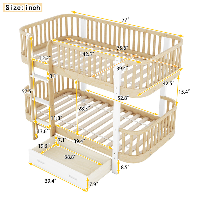 Wood Twin over Twin Bunk Bed with Fence Guardrail and a Big Drawer, Natural White