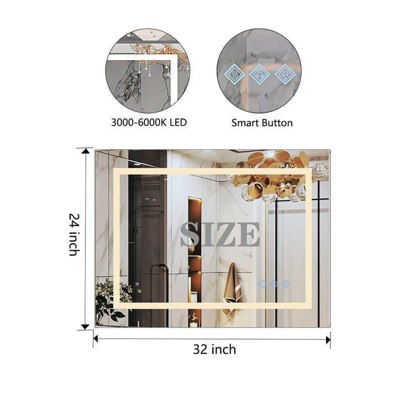 32X24" 3000-6000K LED Bathroom Mirror With Lights, Anti-Fog Dimmable Lighted Wall Mounted Vanity Mirror Master Bath Modern Makeup (Only Mirrors, Not Cabinets) Horizontal & Vertical - Glossy Brushed Silver