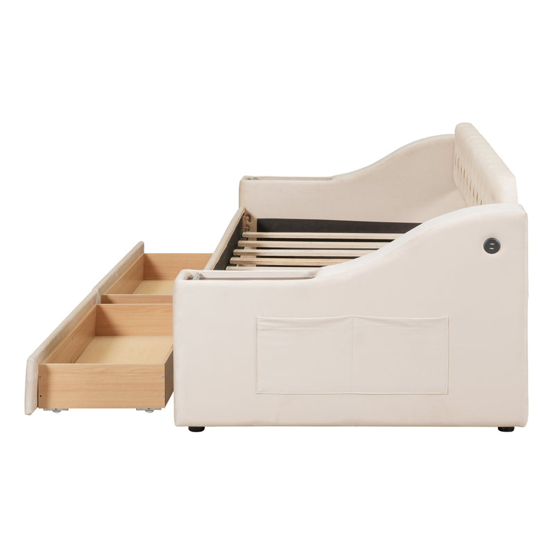 Twin Size Upholstered Daybed with Storage Armrests and USB Port, Beige