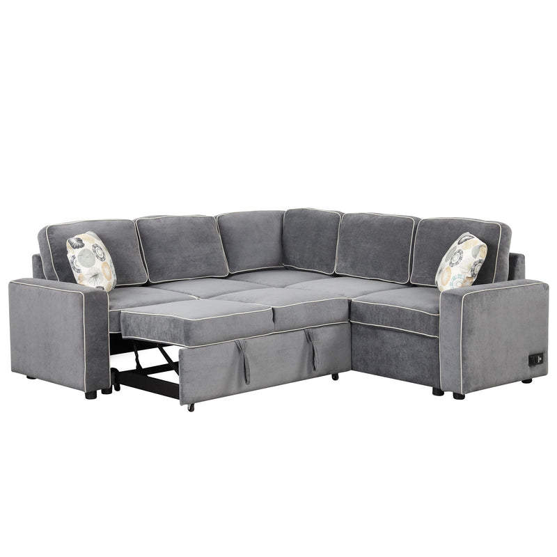 L-Shaped Pull Out Sofa Bed Modern Convertible Sleeper Sofa With 2 USB Ports, 2 Power Sockets And 3 Pillows For Living Room