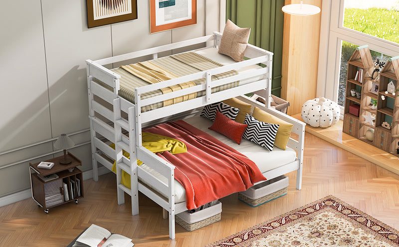 Wood Twin XL over Queen Bunk Bed with Ladder, White