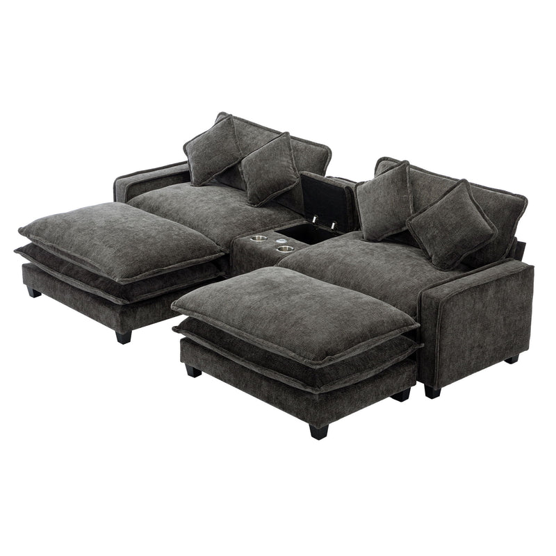 Sectional Sofa Chenille Upholstered Sofa With Two Removable Ottoman, Two USB Ports, Two Cup Holders And Large Storage Box For Living Room