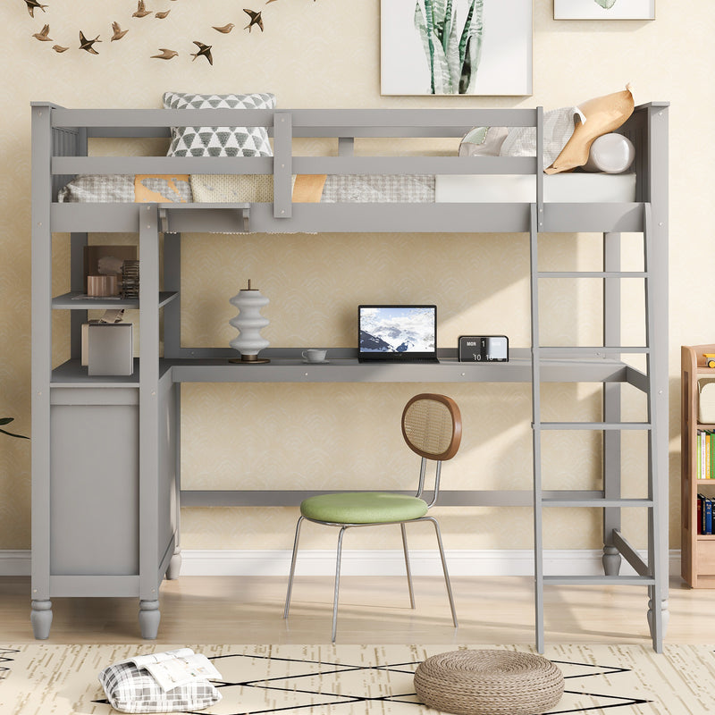 Twin size Loft Bed with Drawers and Desk, Wooden Loft Bed with Shelves - Gray(OLD SKU: LT001530AAE)