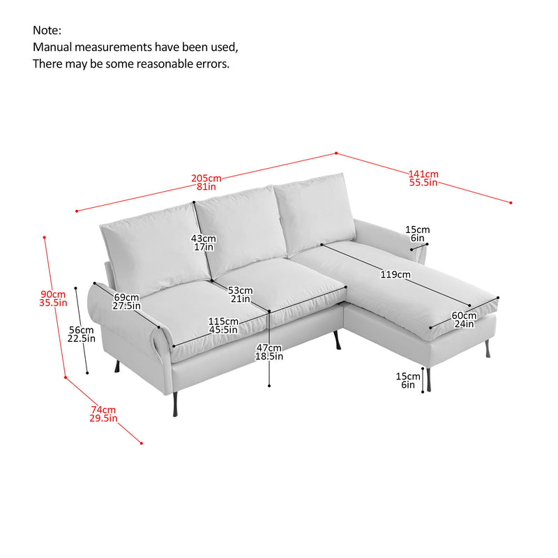 Modern Sectional Technical Leather L-Shaped Sofa Couch With Reversible Chaise Lounge