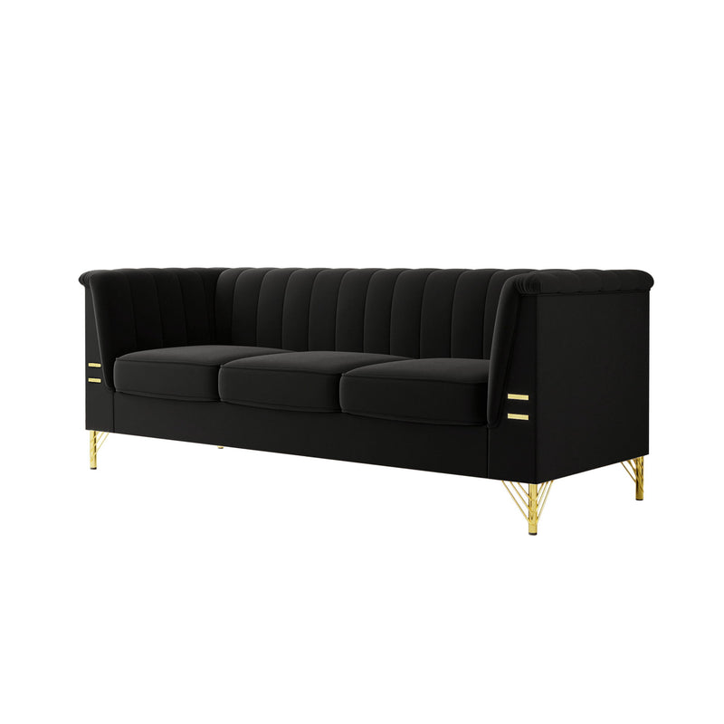 Fx-P82-Bk (Sofa) Modern Sofa Couches For Living Room, Velvet Tight Back Chesterfield Design Couch Upholstered Sofa With Metal Legs Decor Furniture For Bedroom - Black