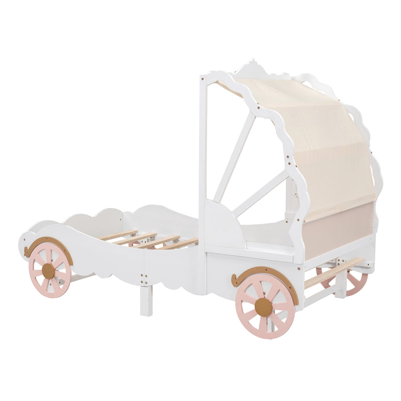 Twin Size Princess Carriage Bed with Canopy, Wood Platform Car Bed with 3D Carving Pattern, White+Pink+Gold