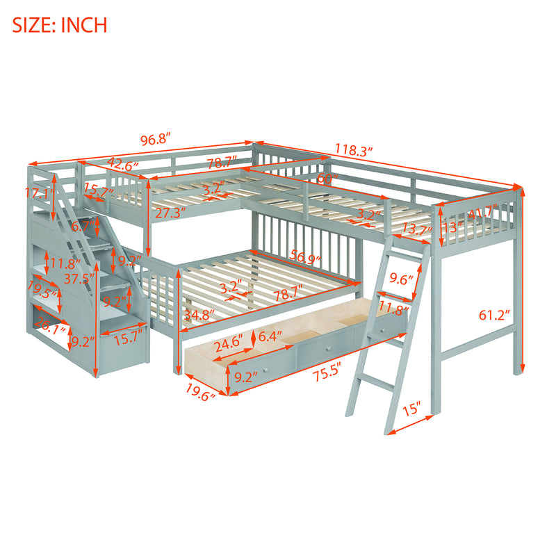 Twin over Full L-Shaped Bunk Bed With 3 Drawers, Ladder and Staircase - Gray