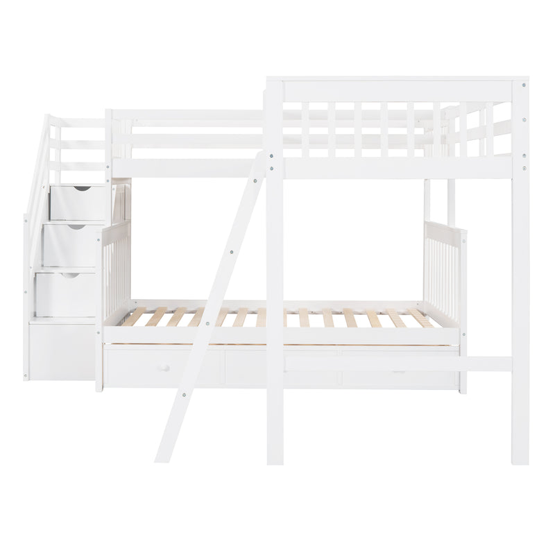 Twin over Full L-Shaped Bunk Bed With 3 Drawers, Ladder and Staircase - White