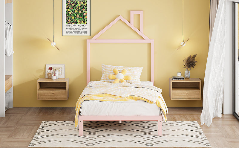 Twin Size Metal Platform Bed with House-Shaped Headboard Design, Pink