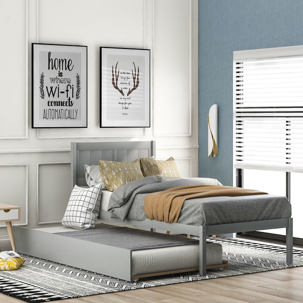 Twin Size Platform Bed With Trundle - Gray