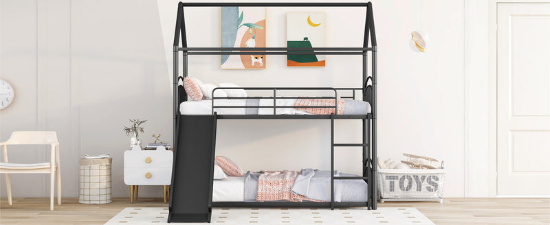 Twin Over Twin Metal Bunk Bed With Slide,Kids House Bed Black