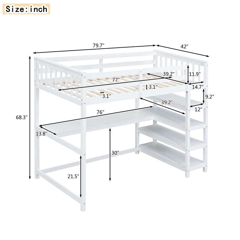 Twin Size Loft Bed with Storage Shelves and Under-bed Desk, White