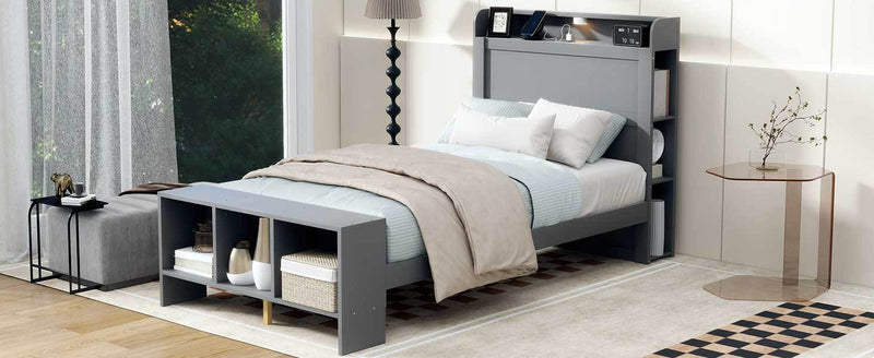 Twin Size Platform Bed with built-in shelves, LED Light and USB ports, Gray