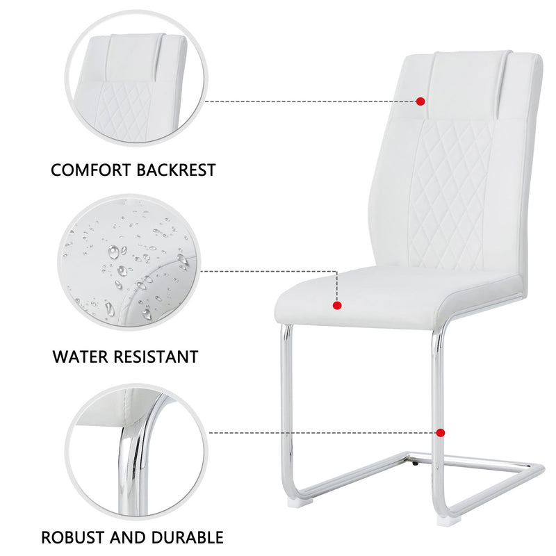 Table And Chair Set, Large Modern Rectangular Glass Table, Can Accommodate 6-8 People, Equipped With A 0.39" Tempered Glass Tabletop And MDF Table Legs.Paired With Comfortable And Soft Chairs - White / Pearl Silver