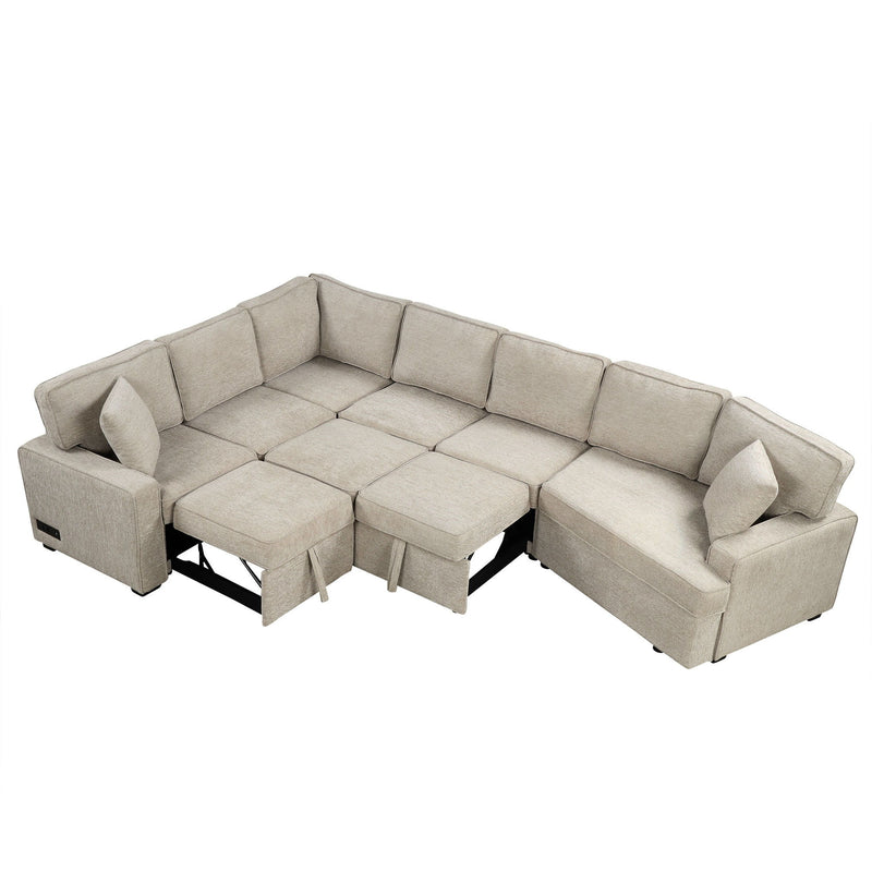 L-Shaped Sofa Sectional Sofa Couch Pull-Out Sofa Bed With Charging Devices And Cup Holders For Living Room