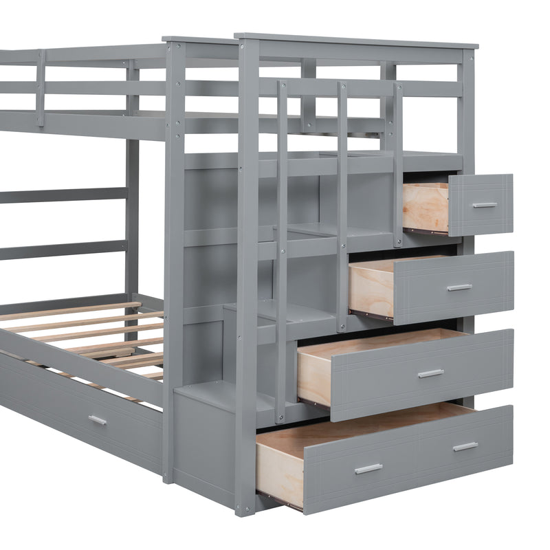 Twin Over Twin Bunk Bed with Trundle and Staircase,Gray(OLD SKU:LT000068AAE)