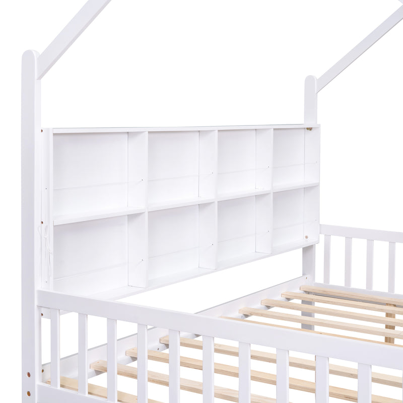 Wooden Full Size House Bed with 2 Drawers,Kids Bed with Storage Shelf, White(Expected Arrival Time: 5.15)