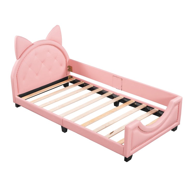 Twin Size Upholstered Daybed with Carton Ears Shaped Headboard, Pink