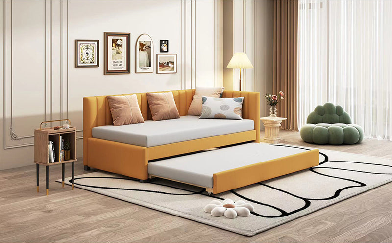 Upholstered Daybed with Trundle Twin Size Sofa Bed Frame No Box Spring Needed, Linen Fabric(Yellow)