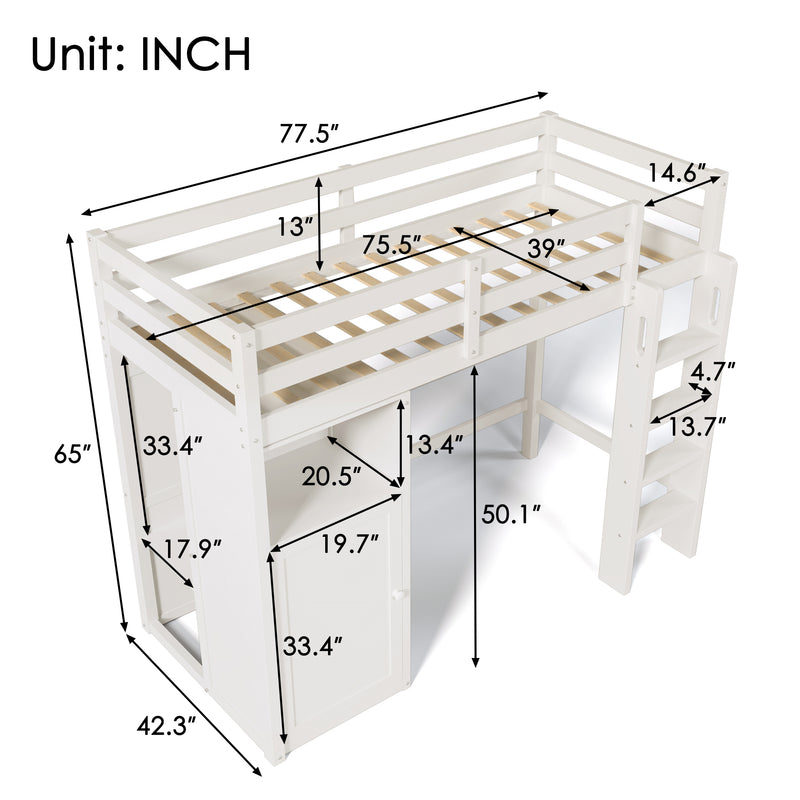 Twin Loft Bed with Wardrobe, Storage Shelves and Ladder, White