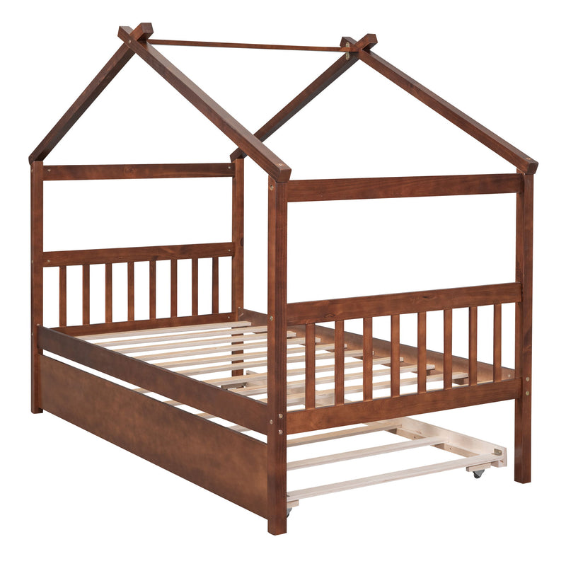 Twin Size Wooden House Bed With Twin Size Trundle Walnut