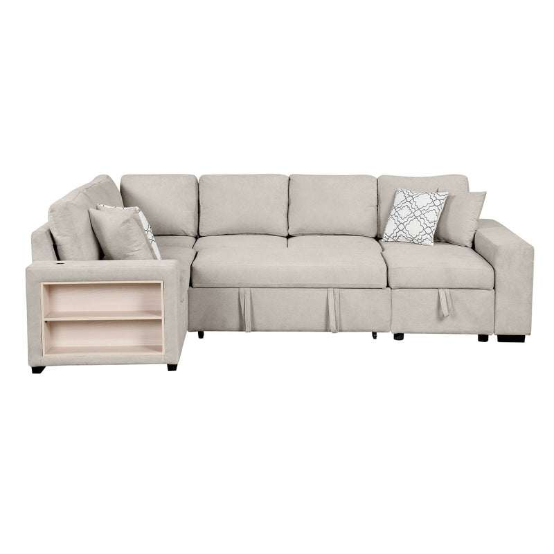 U-Shaped Sectional Sofa Pull-Out Sofa Bed With Two USB Ports, A Storage Chaise Lounge And Four Back Pillows For Living Room