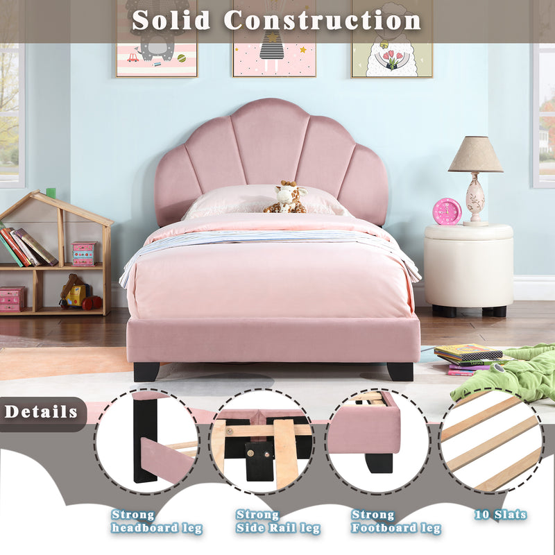 Upholstered Twin Size Platform Bed for Kids, with Slatted Bed Base, No Box Spring Needed, Pink color, Shell Design