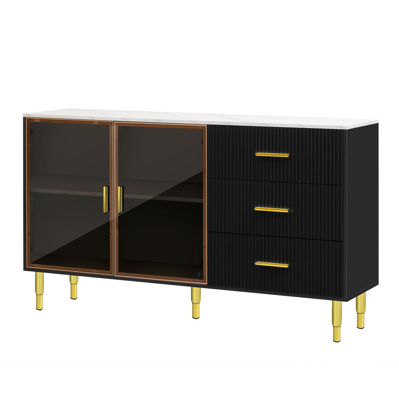 Modern Sideboard Buffet Cabinet Marble Sticker Tabletop And Amber-Yellow Tempered Glass Doors With Gold Metal Legs & Handles