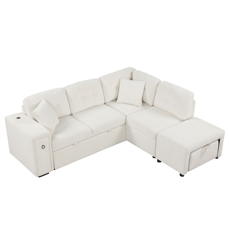 Sectional Sofa L-Shaped Sofa Couch Pull-Out Sofa Bed With A Movable Ottoman, Two USB Ports And Two Cup Holders For Living Room