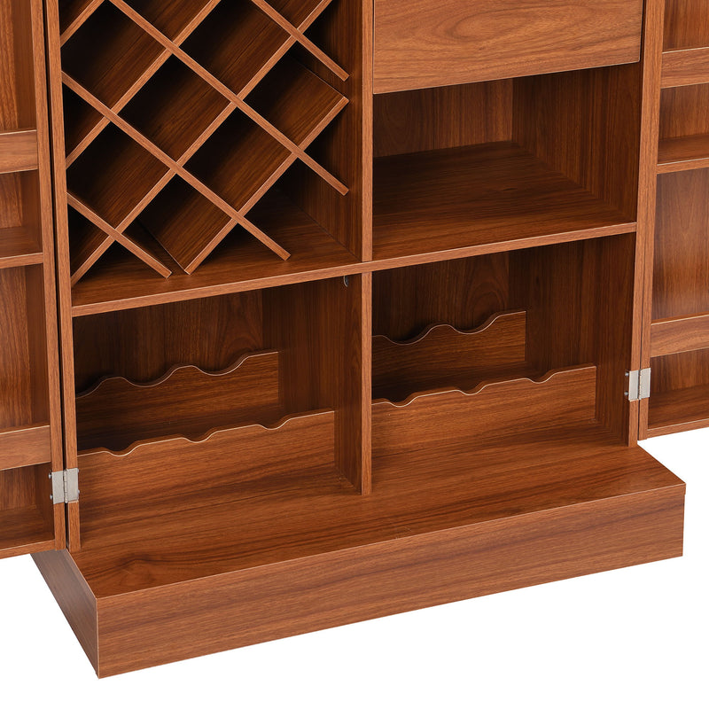 Home Bar Cabinet, Industrial Rattan Door Fold Out Bar Cabinet With Storage Bar Table - Walnut