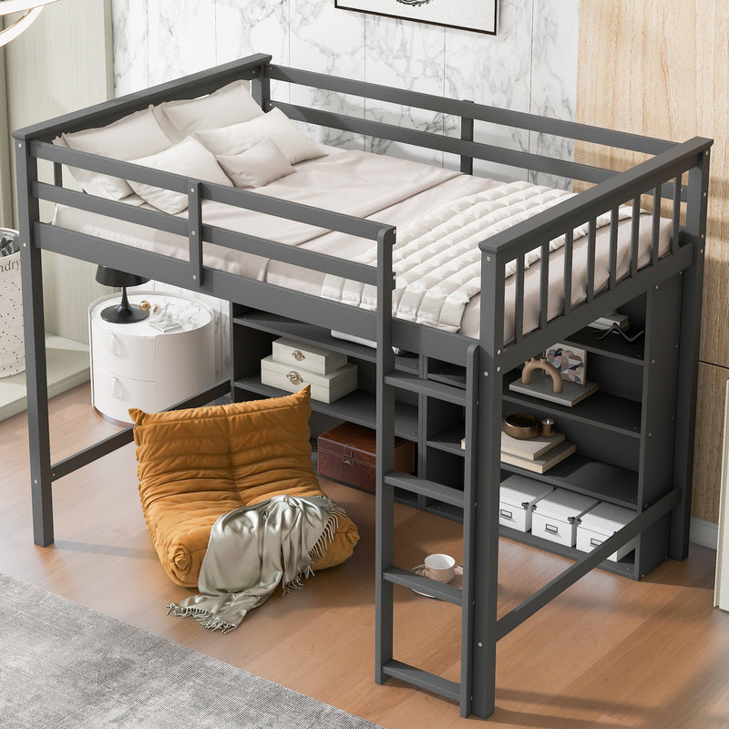 Twin Size Loft Bed with 8 Open Storage Shelves and Built-in Ladder, Gary