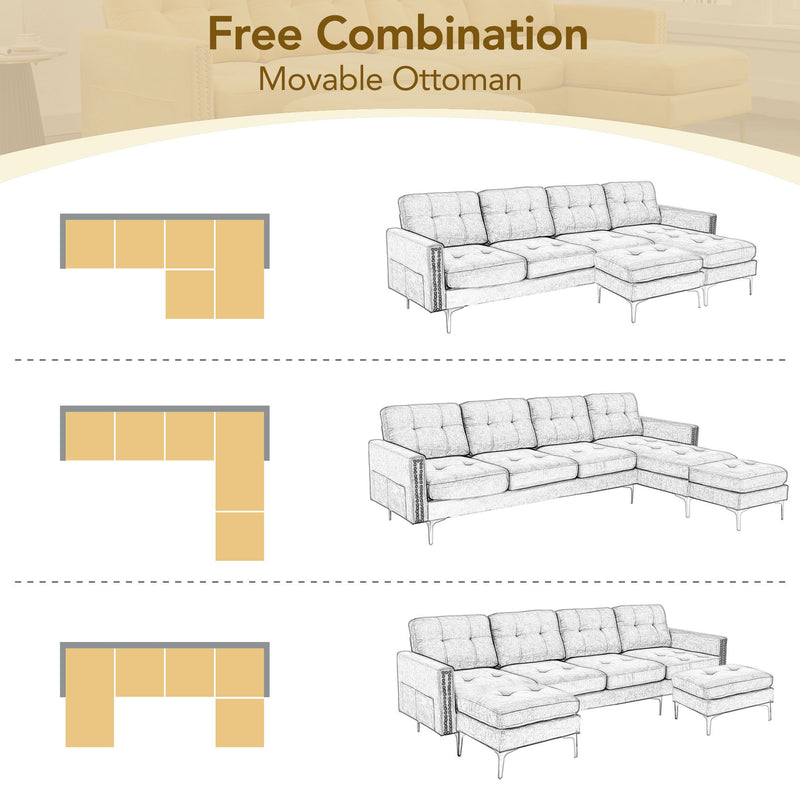 L-Shape Convertible Sectional Sofa Couch With Movable Ottoman For Living Room