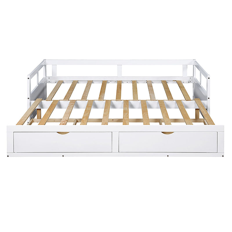 Wooden Daybed With Trundle Bed And Two Storage Drawers, Extendable Bed Daybed, Sofa Bed For Bedroom Living Room - White