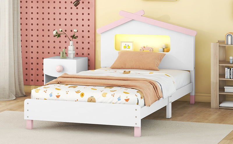 Twin Size Wood Platform Bed with House-shaped Headboard and Motion Activated Night Lights (White+Pink)