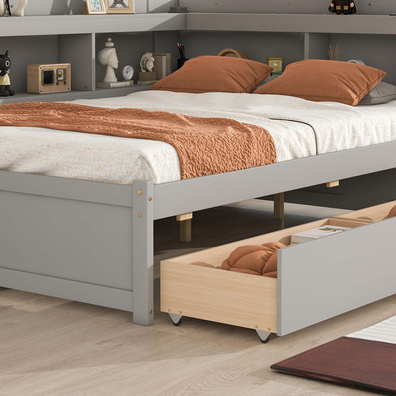 Full Bed With L-Shaped Bookcases, Drawers