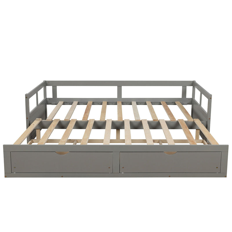 Wooden Daybed With Trundle Bed And Two Storage Drawers, Extendable Bed Daybed, Sofa Bed For Bedroom Living Room - Gray