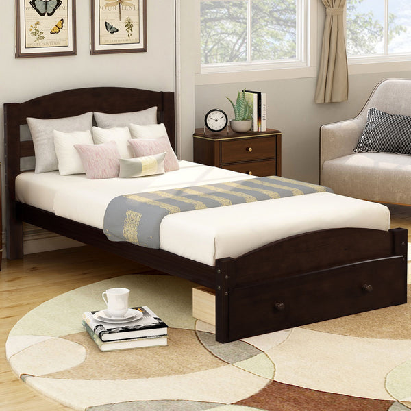 Twin Platform Bed Frame With Storage Drawer And Wood Slat Support No Box Spring Needed - Espresso