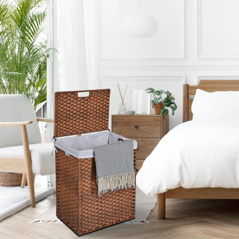 Laundry Hamper With Lid PE Rattan Powder Coating Frame Clothes Hampers With 2 Removable Bags