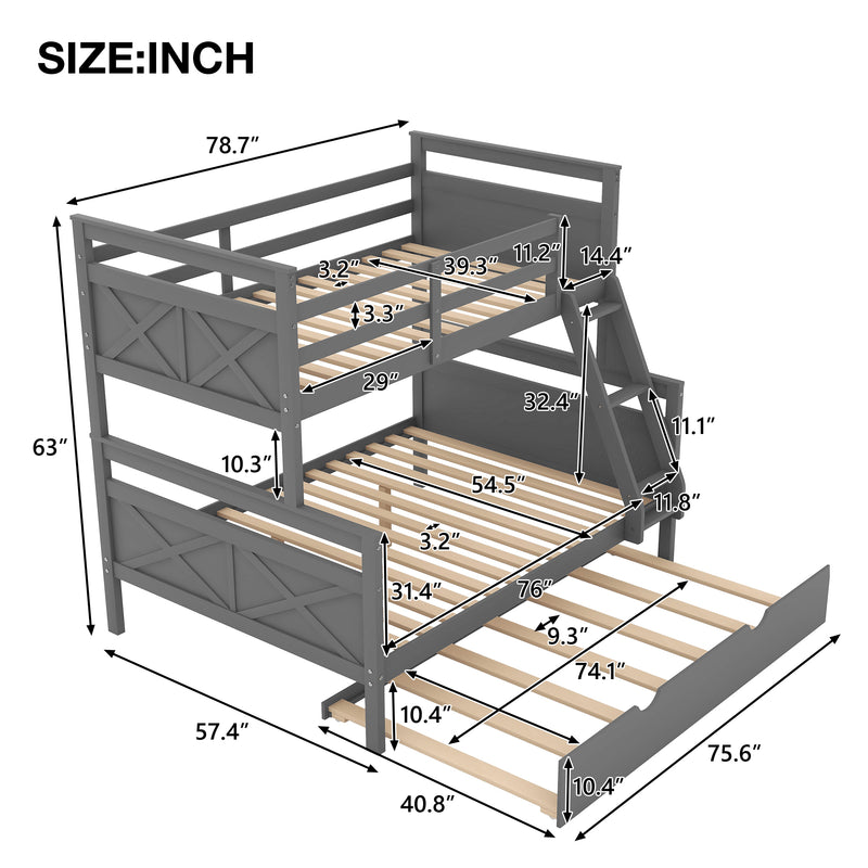 Twin over Full Bunk Bed with Ladder, Twin Size Trundle, Safety Guardrail, Gray