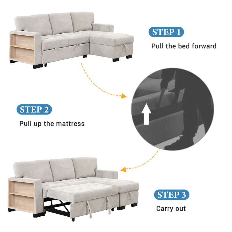 Stylish And Functional Light Chaise Lounge Sectional With Storage Rack Pull-Out Bed Drop Down Table And USB Charger