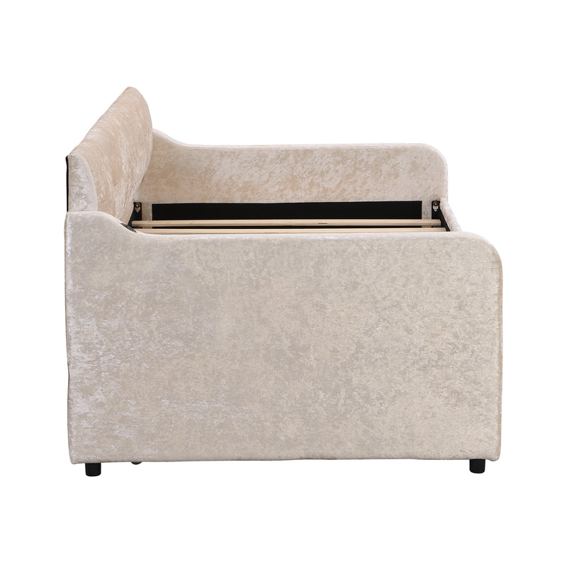 Twin Size Snowflake Velvet Daybed with Trundle and USB Charging Design,Beige