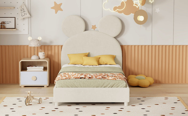 Twin Size Upholstered Platform Bed with Bear Ear Shaped Headboard, Beige