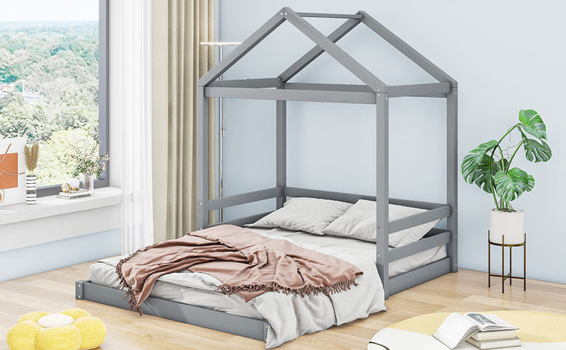 Wood Full Size House Bed with Guardrail, Grey