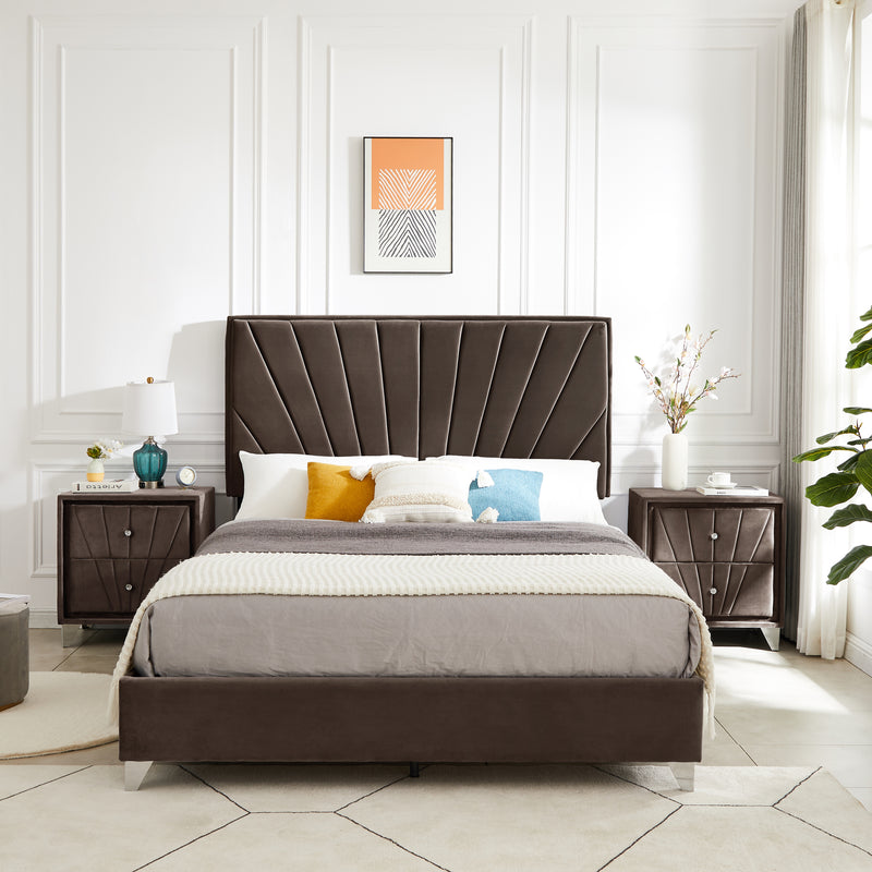 B108 Queen bed with one nightstand, Beautiful line stripe cushion headboard , strong wooden slats + metal legs with Electroplate