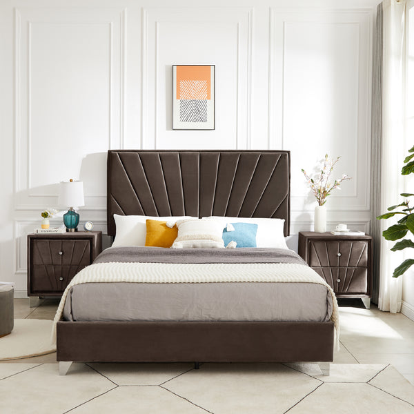 B108 Queen bed with two nightstands, Beautiful line stripe cushion headboard , strong wooden slats + metal legs with Electroplate