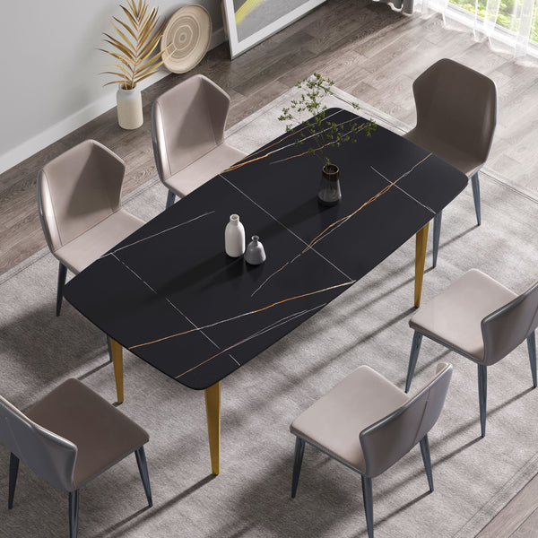 70.87" Modern Artificial Stone Black Curved Golden Metal Leg Dining Table, Can Accommodate 6-8 People - Black / Gold