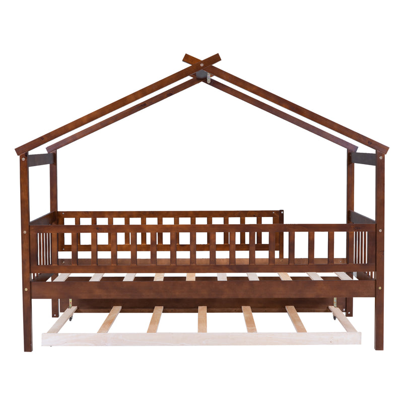 Twin Size Wooden House Bed with Twin Size Trundle, Walnut