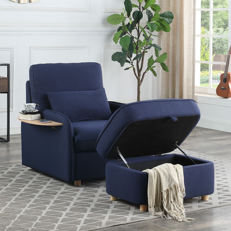 Huckleberry - Linen Accent Chair With Storage Ottoman And Folding Side Table