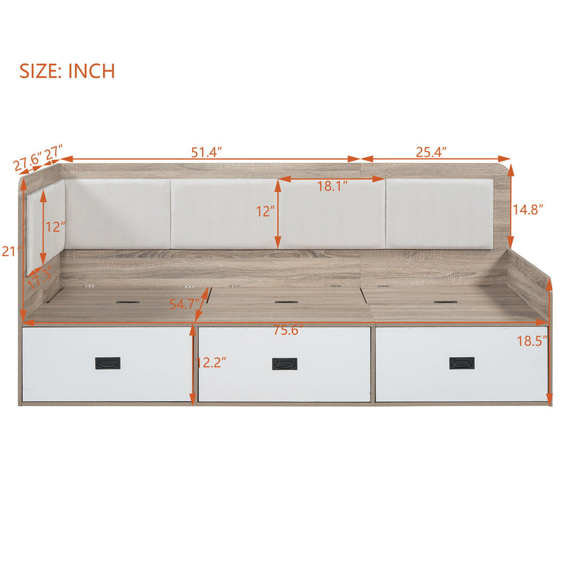 Full Size Daybed With Three Drawers And Three Storage Compartments - Nature / Beige