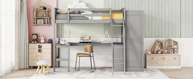 Twin Size Loft Bed With Desk, Shelves And Wardrobe - Gray